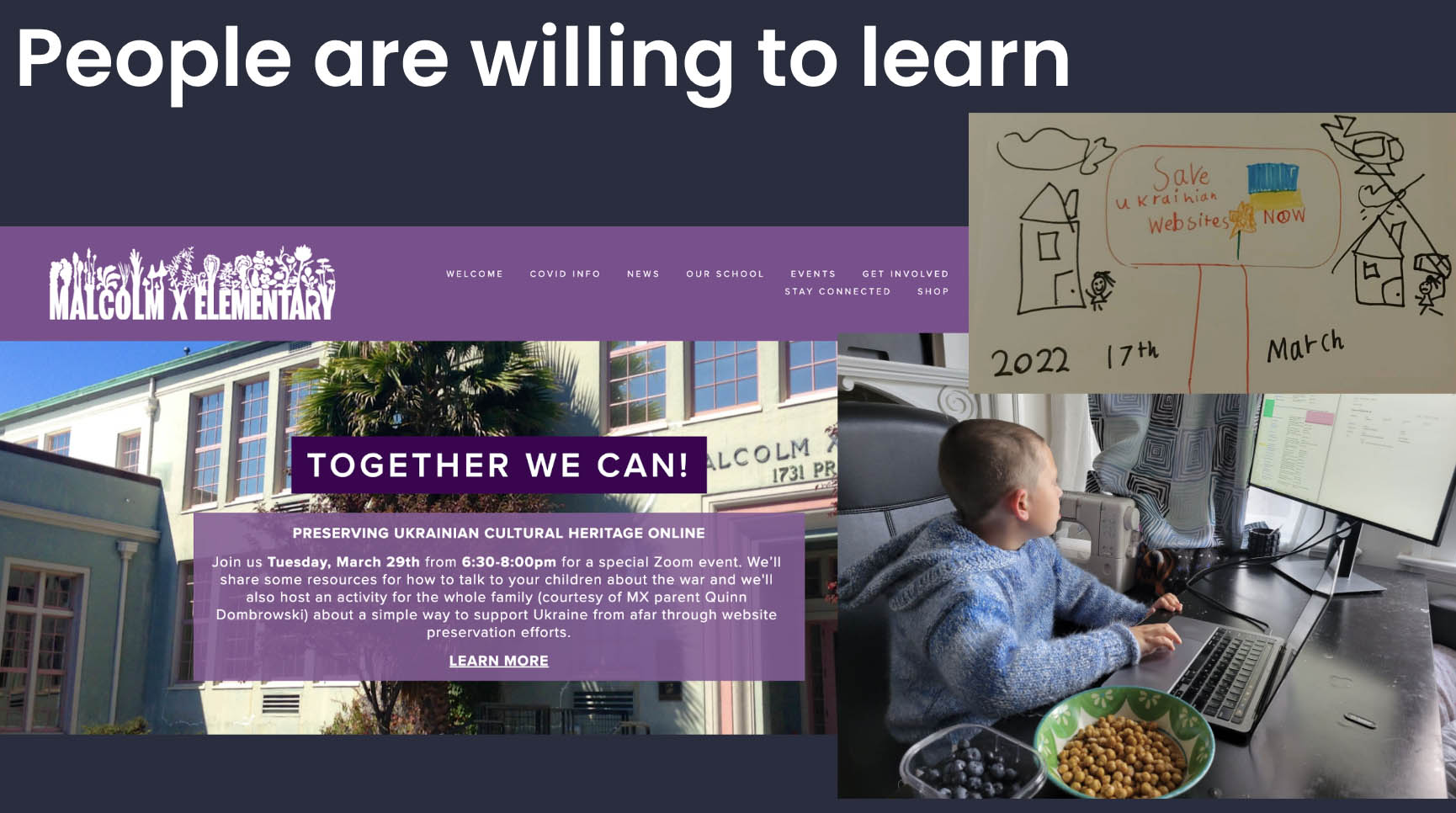 A child at a computer, a child's drawing of doing web archiving, and screenshot from Malcolm X Elementary website of the event