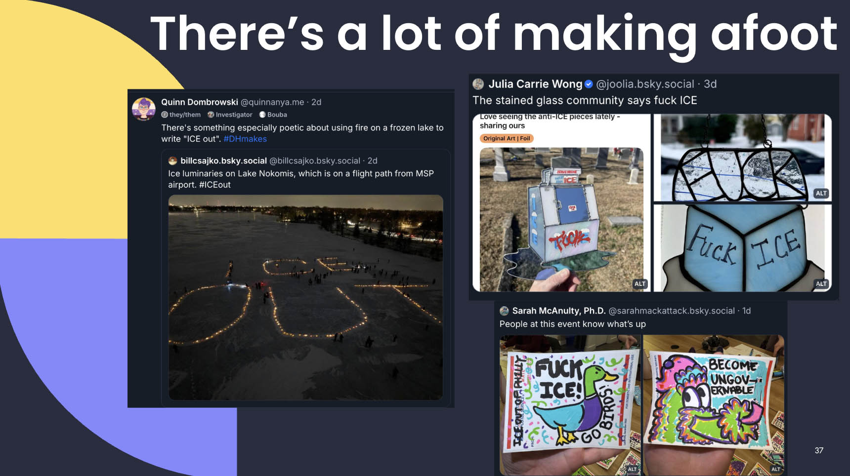 Ice luminaries on a frozen lake, and anti-ICE stained glass and drawings.