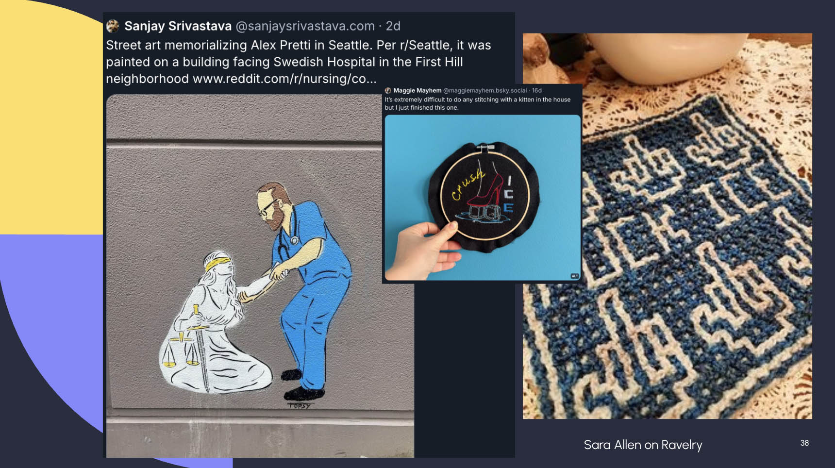 Street art of Alex Pretti helping up Lady Liberty, an embroidery of a high heel crushing ice, crochet "fuck ICE" pattern
