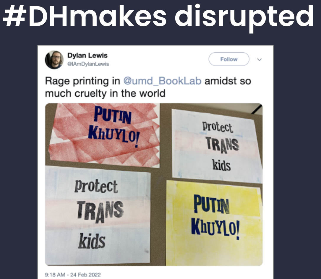 Screenshot of letterpress printing that says 'Putin is a dickhead' and 'Protect trans kids'