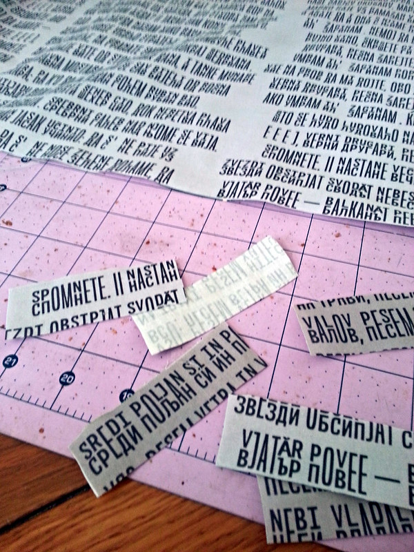 Cutting up fabric for the dissertation quilt