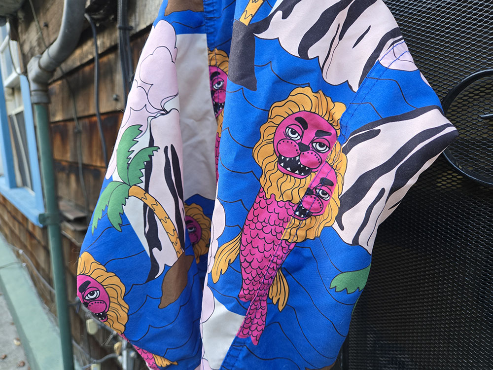 Colorful swim trunks hanging on a door